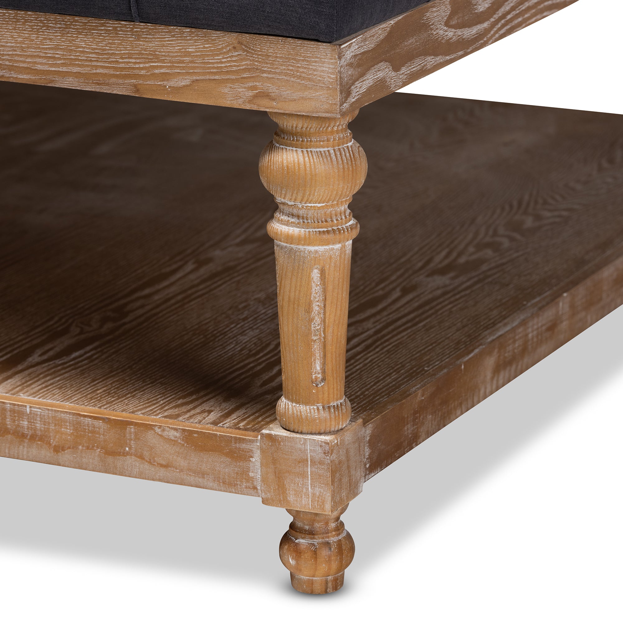 Kelly Modern and Rustic Charcoal Linen Fabric Upholstered and Greywashed Wood Cocktail Ottoman