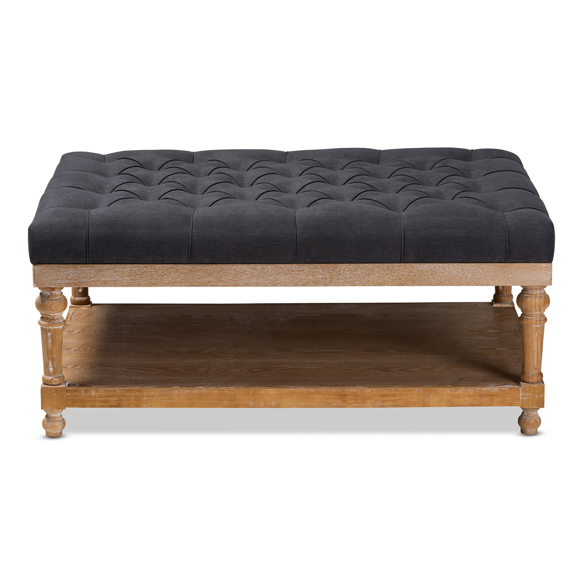Lindsey Modern and Rustic Charcoal Linen Fabric Upholstered and Greywashed Wood Cocktail Ottoman