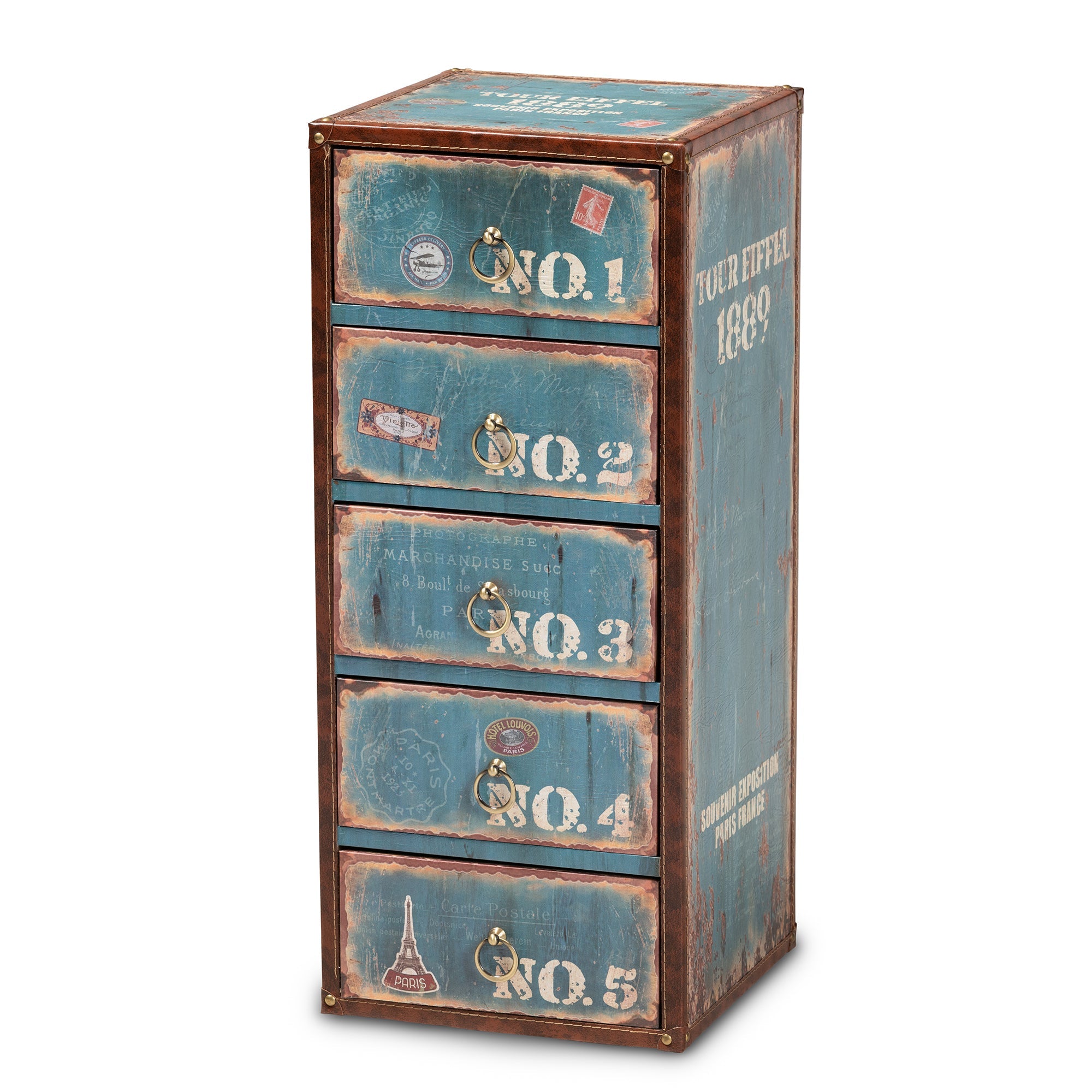 Alba Vintage Rustic French Inspired Blue Finished Wood 5-Drawer Accent Storage Cabinet