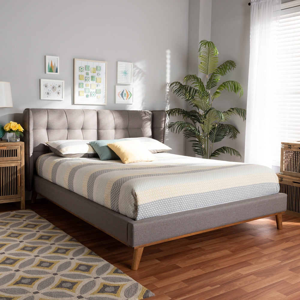Gretchen Grey Fabric and Walnut Brown Finished Wood Queen Size Bed
