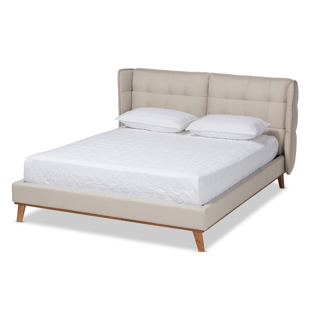 Gretchen Light Beige Fabric and Walnut Brown Finish Wood King Size Bed