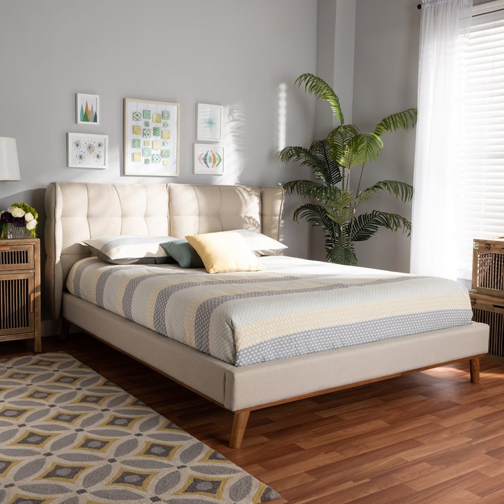 Gretchen Light Beige Fabric and Walnut Brown Finish Wood King Size Bed