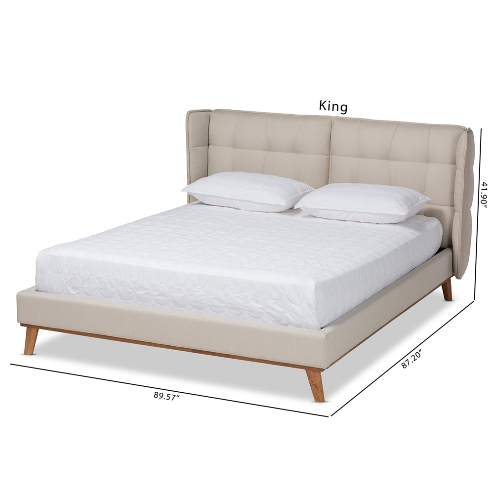 Gretchen Light Beige Fabric and Walnut Brown Finish Wood King Size Bed