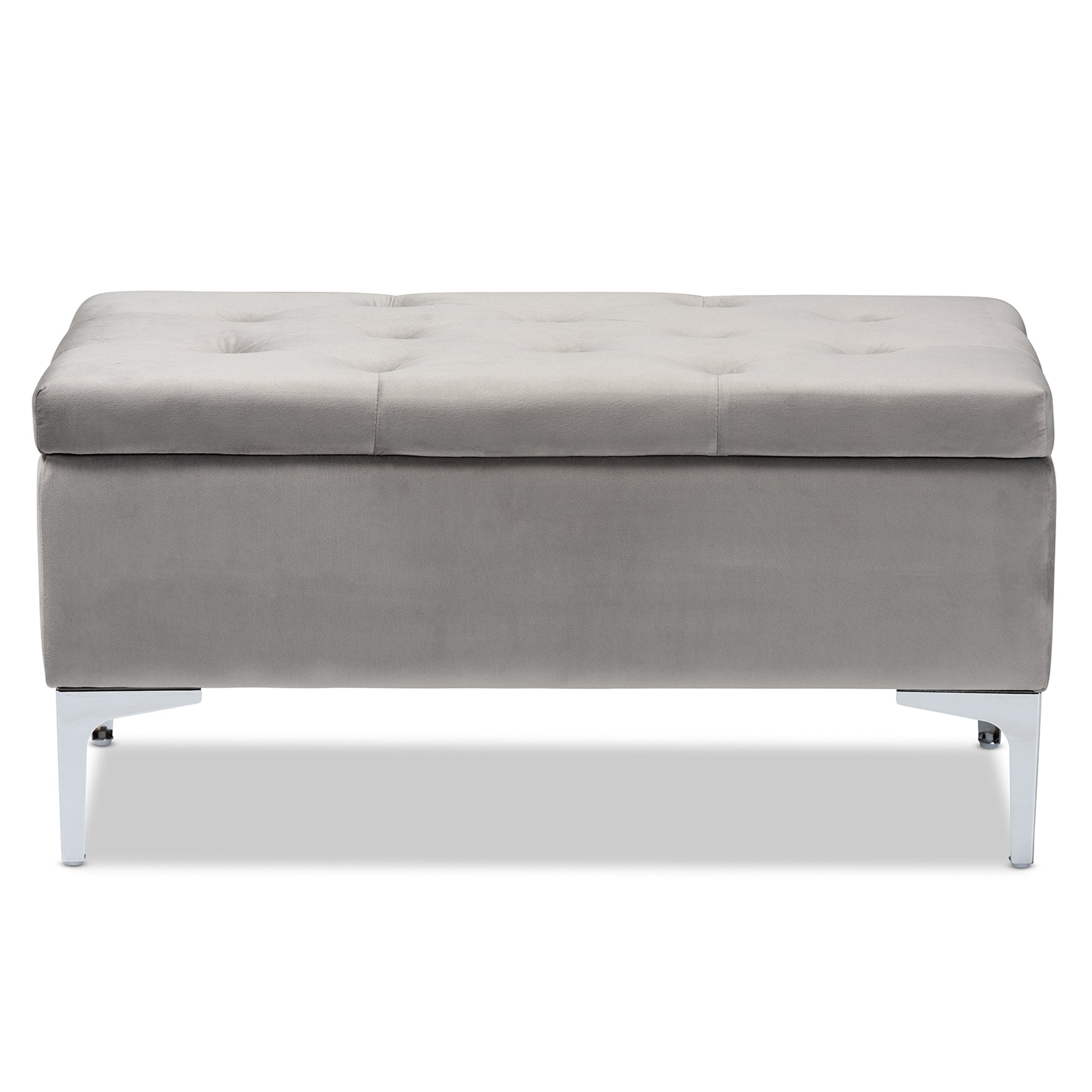 Mabel Modern and Contemporary Transitional Grey Velvet Fabric Upholstered Silver Finished Storage Ottoman