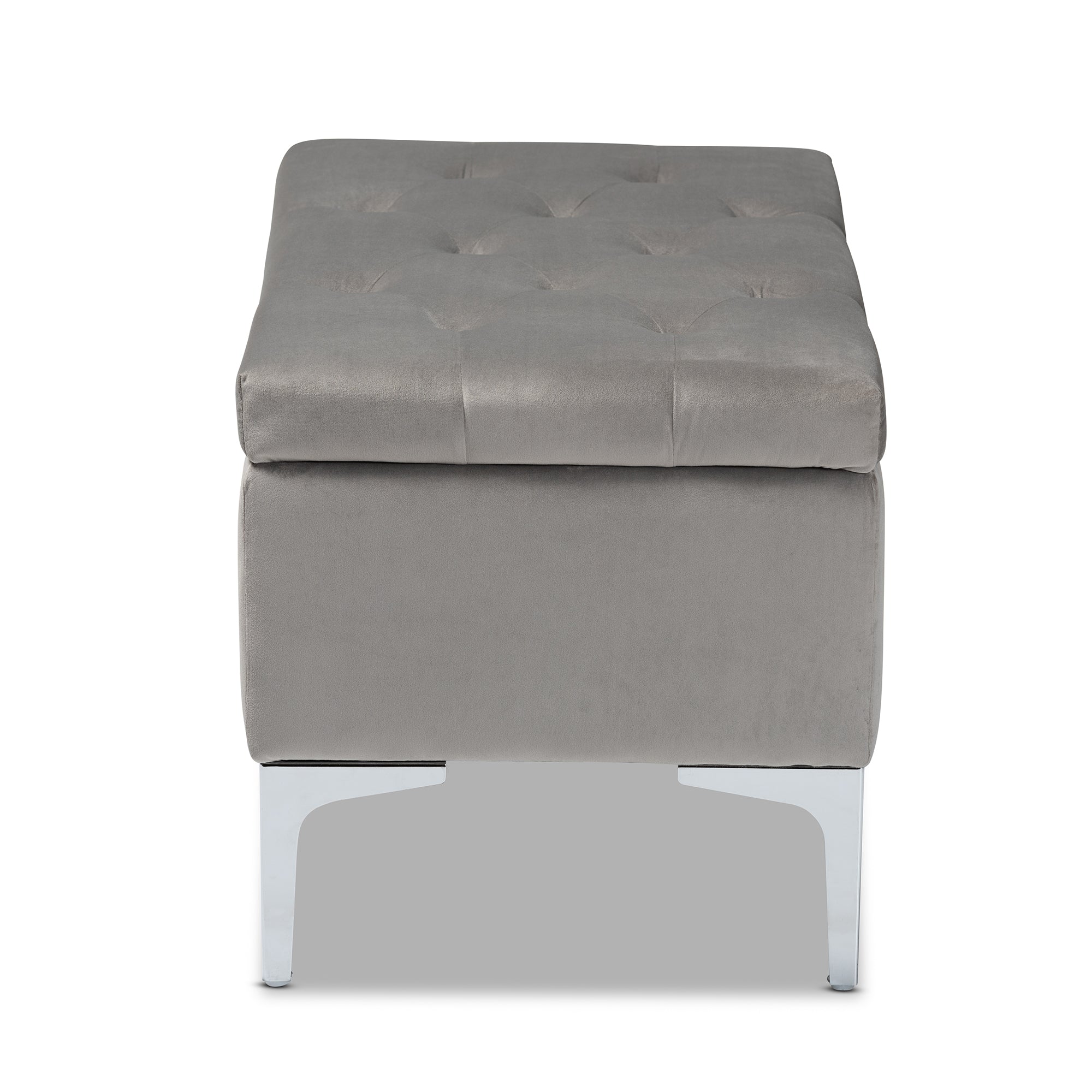 Mabel Modern and Contemporary Transitional Grey Velvet Fabric Upholstered Silver Finished Storage Ottoman