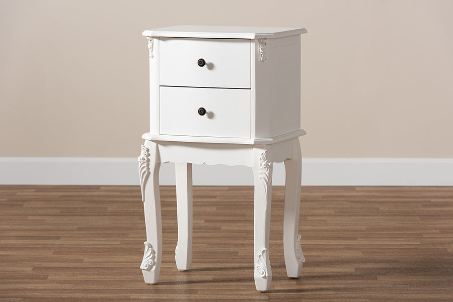 Sophia Classic and Traditional French White Finished Wood 2-Drawer End Table