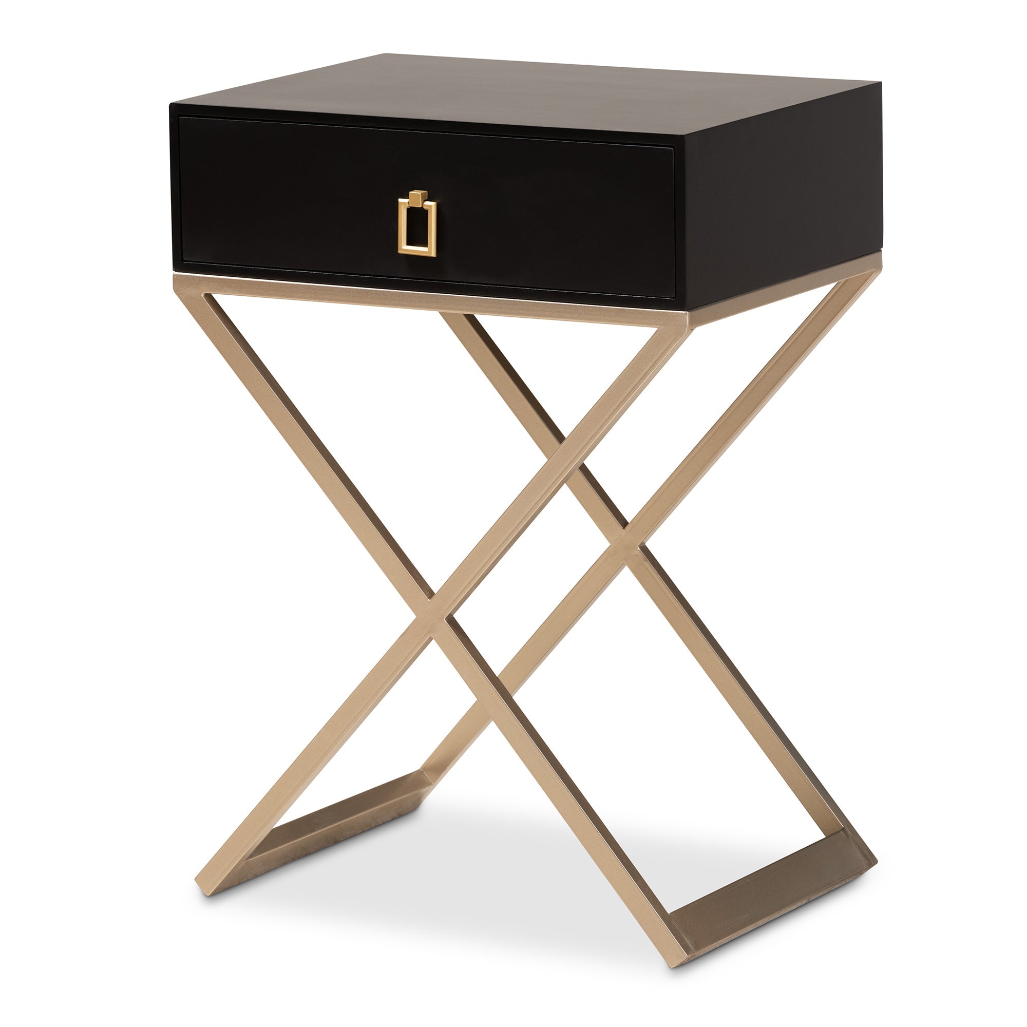 Patricia Modern and Contemporary Black Finished Wood and Powder Coated Brass Effect Metal 1-Drawer End Table