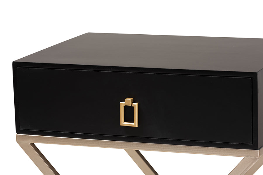 Patricia Modern and Contemporary Black Finished Wood and Powder Coated Brass Effect Metal 1-Drawer End Table