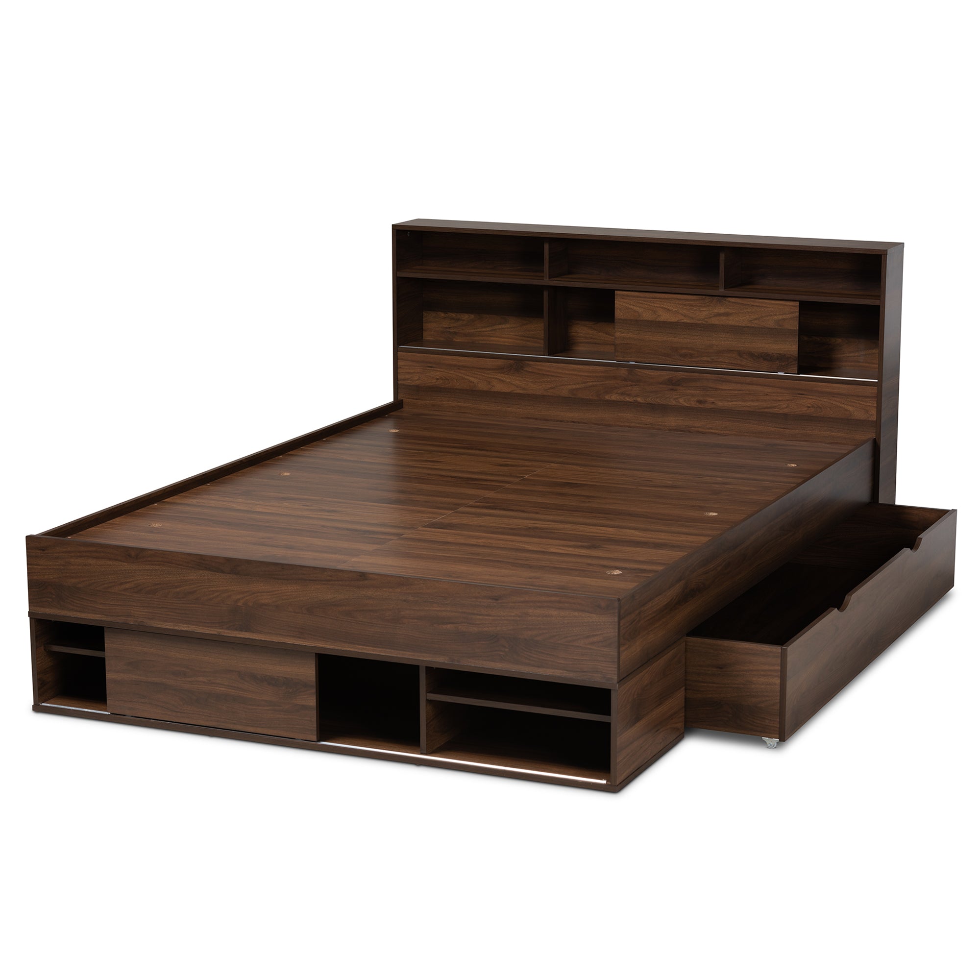 Tristan Walnut Brown Finished 1-Drawer Queen Size Storage Bed With Shelves