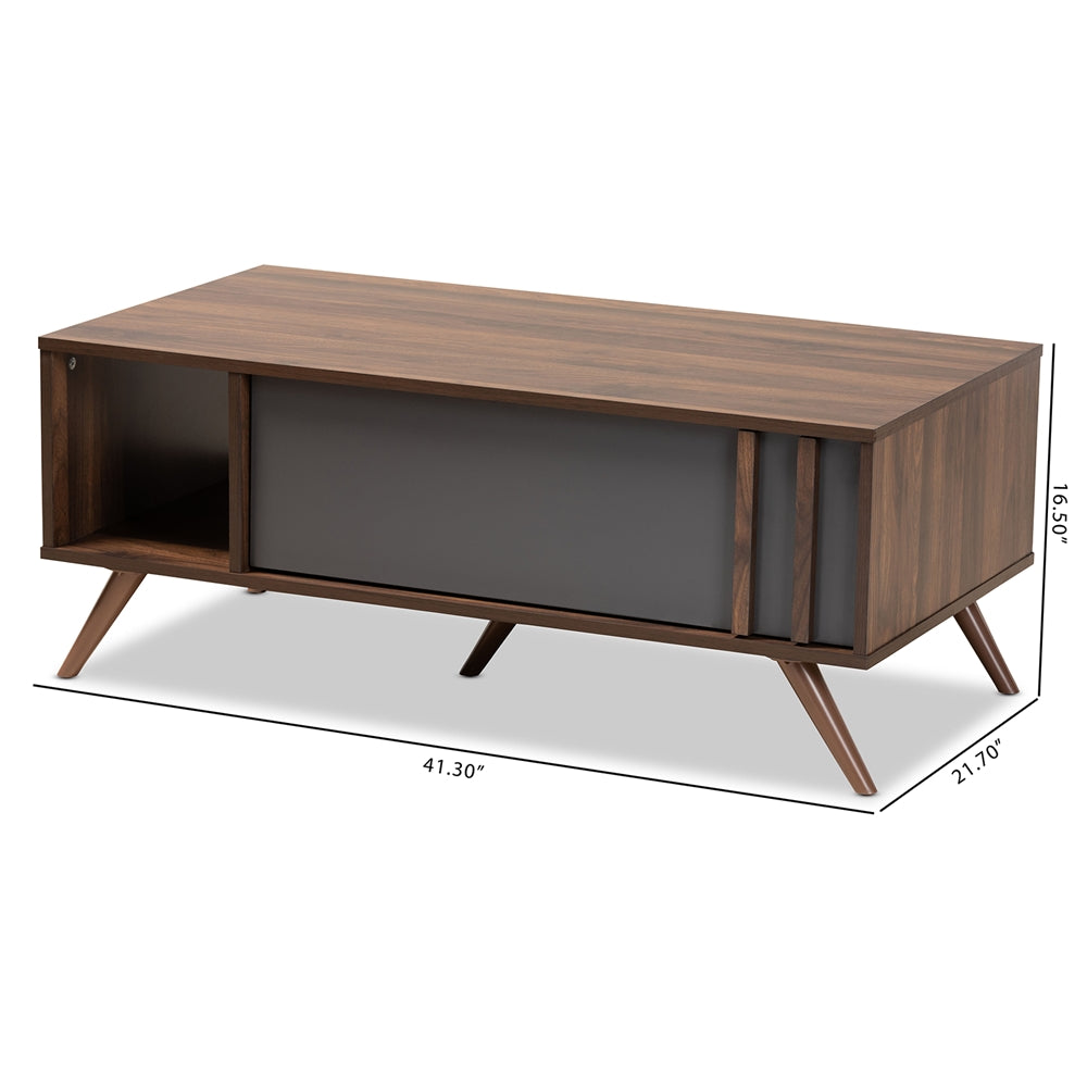 Naoki Modern and Contemporary Two-Tone Grey and Walnut Finished Wood 1-Drawer Coffee Table