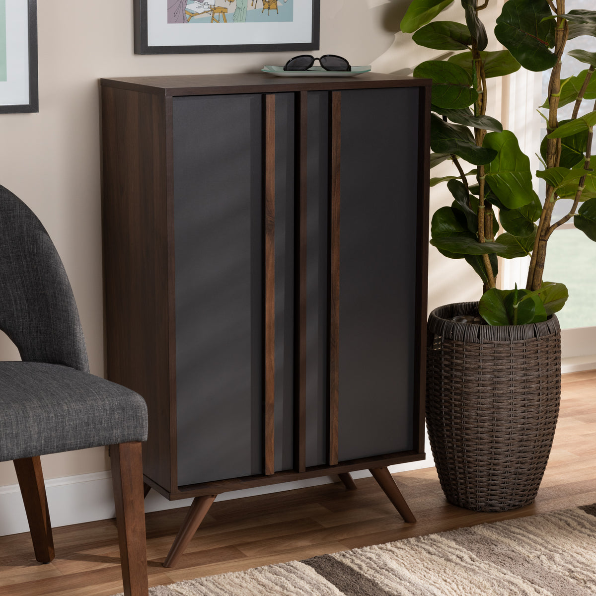 Naoki Modern and Contemporary Two-Tone Grey and Walnut Finished Wood 2-Door Shoe Cabinet