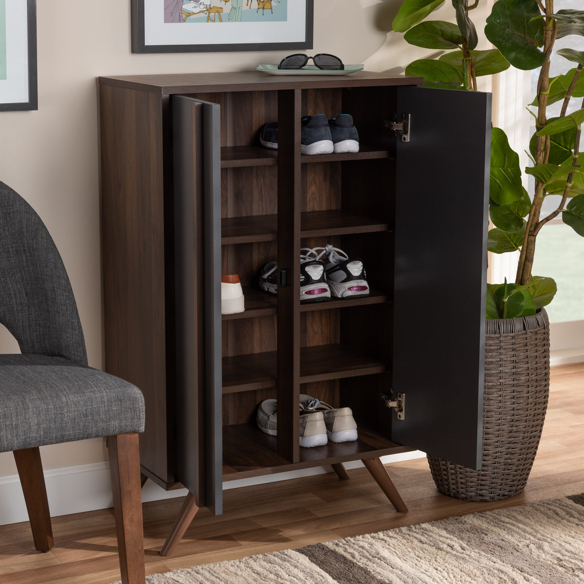 Naoki Modern and Contemporary Two-Tone Grey and Walnut Finished Wood 2-Door Shoe Cabinet