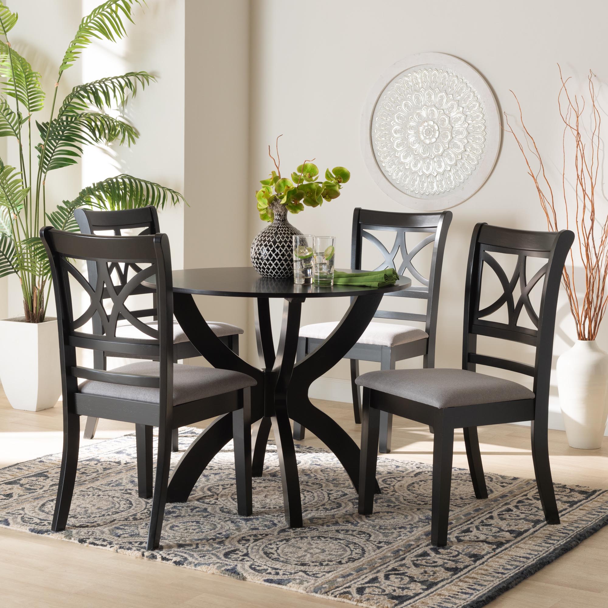 Noemi Modern Grey Fabric and Dark Brown Finished Wood 5-Piece Dining Set