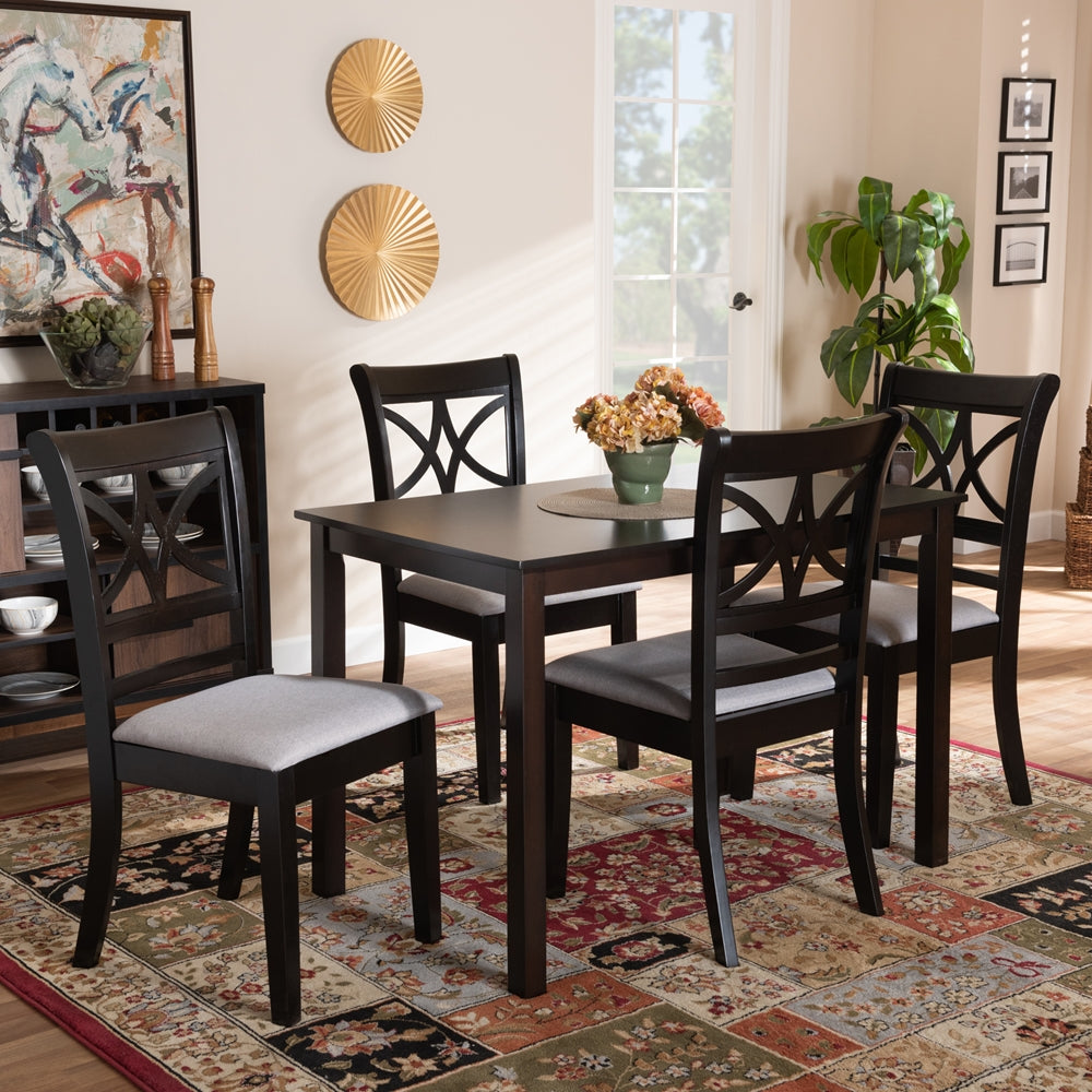 Clarke Modern and Contemporary Grey Fabric Upholstered and Espresso Brown Finished Wood 5-Piece Dining Set