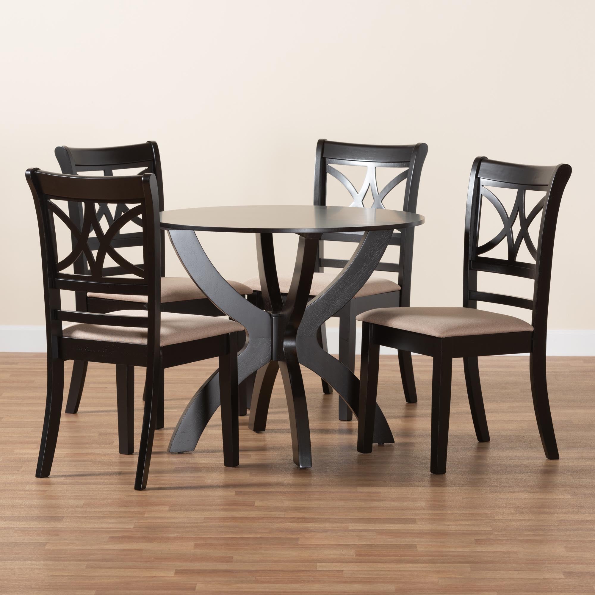 Noemi Modern Beige Fabric and Dark Brown Finished Wood 5-Piece Dining Set