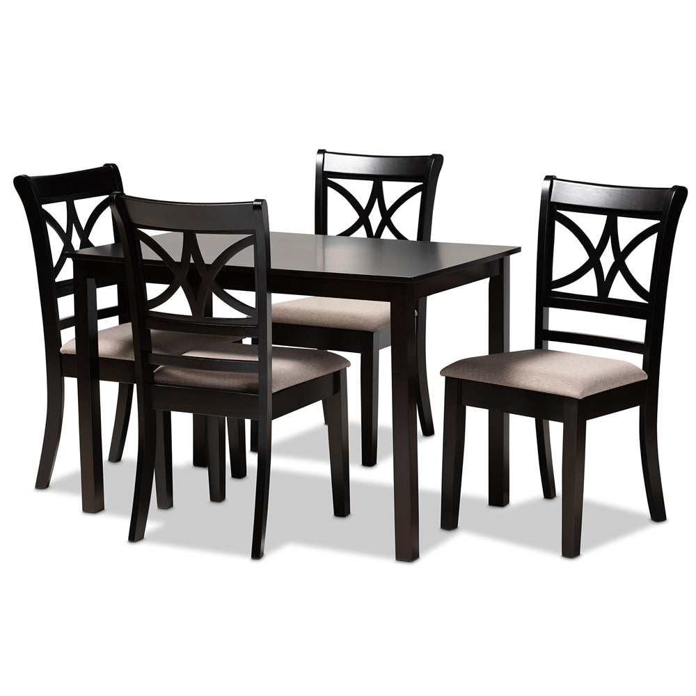 Clarke Modern and Contemporary Sand Fabric Upholstered and Espresso Brown Finished Wood 5-Piece Dining Set