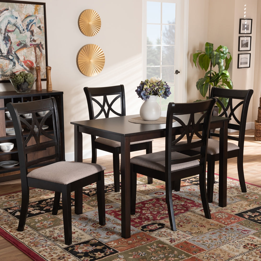 Clarke Modern and Contemporary Sand Fabric Upholstered and Espresso Brown Finished Wood 5-Piece Dining Set
