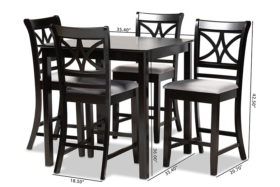 Chandler Modern and Contemporary Grey Fabric Upholstered and Espresso Brown Finished Wood 5-Piece Counter Height Pub Dining Set