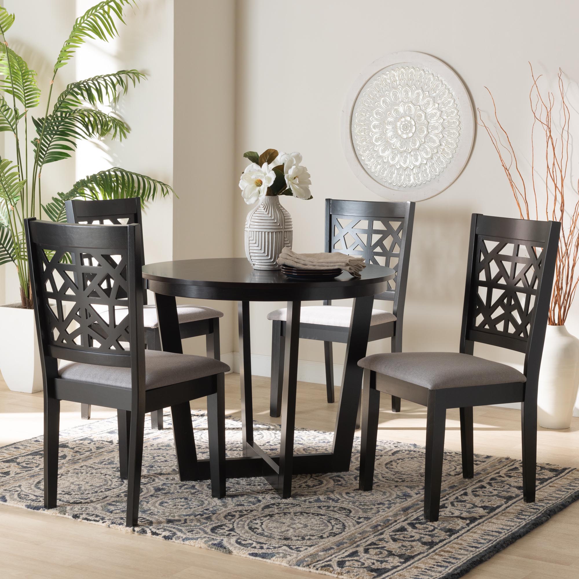 Jamie Moden Grey Fabric and Dark Brown Finished Wood 5-Piece Dining Set