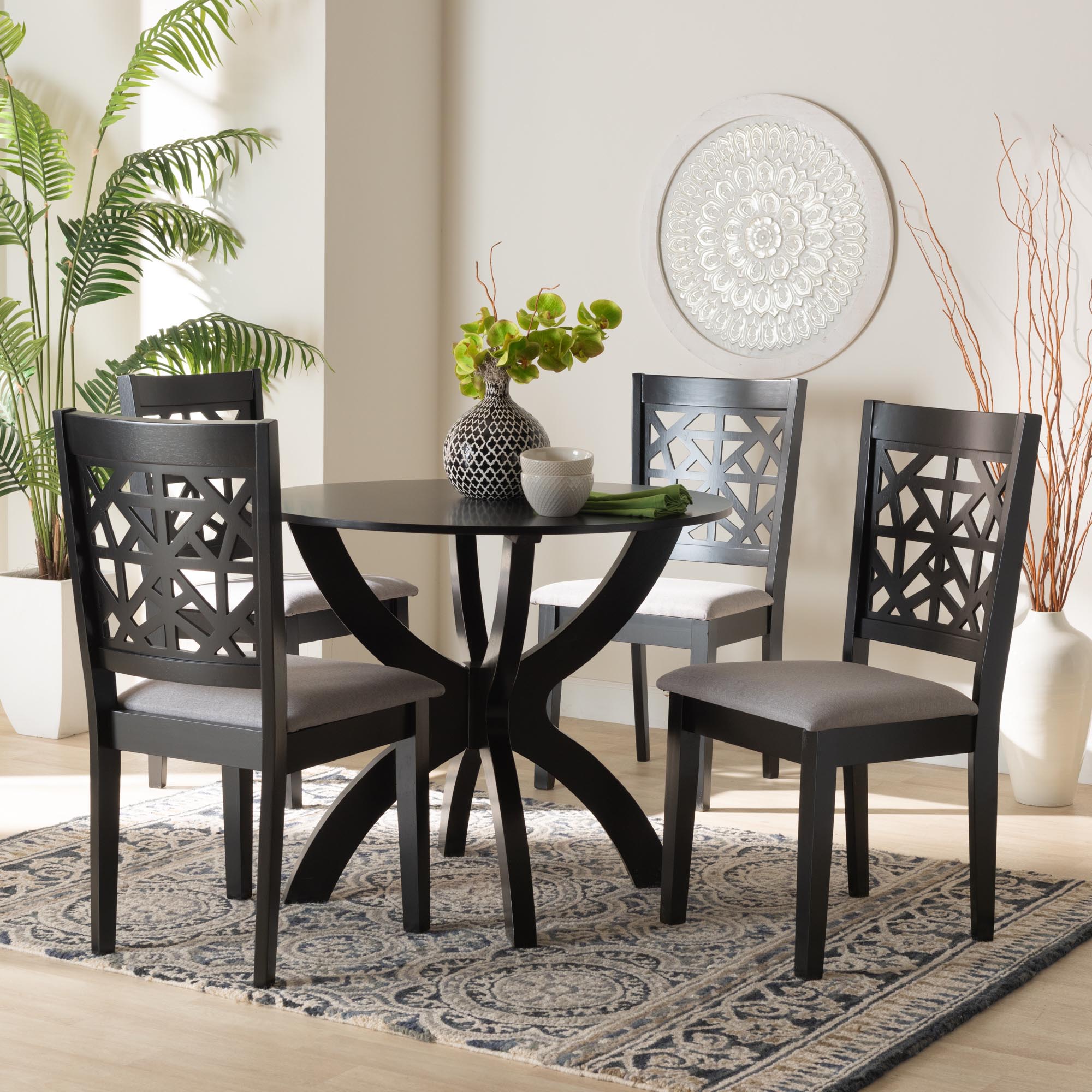 Lena Modern Grey Fabric and Dark Brown Finished Wood 5-Piece Dining Set