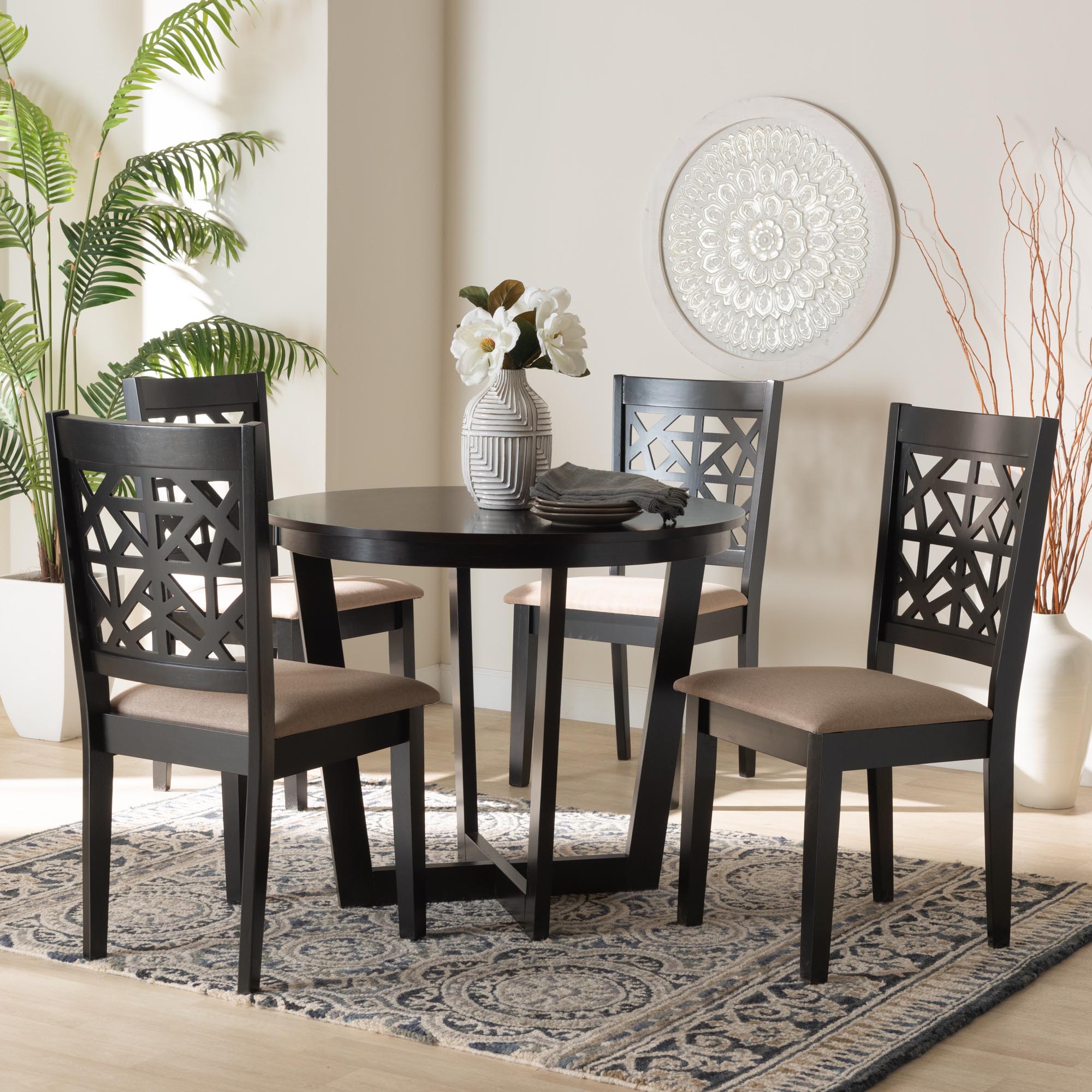 Jamie Moden Beige Fabric and Dark Brown Finished Wood 5-Piece Dining Set