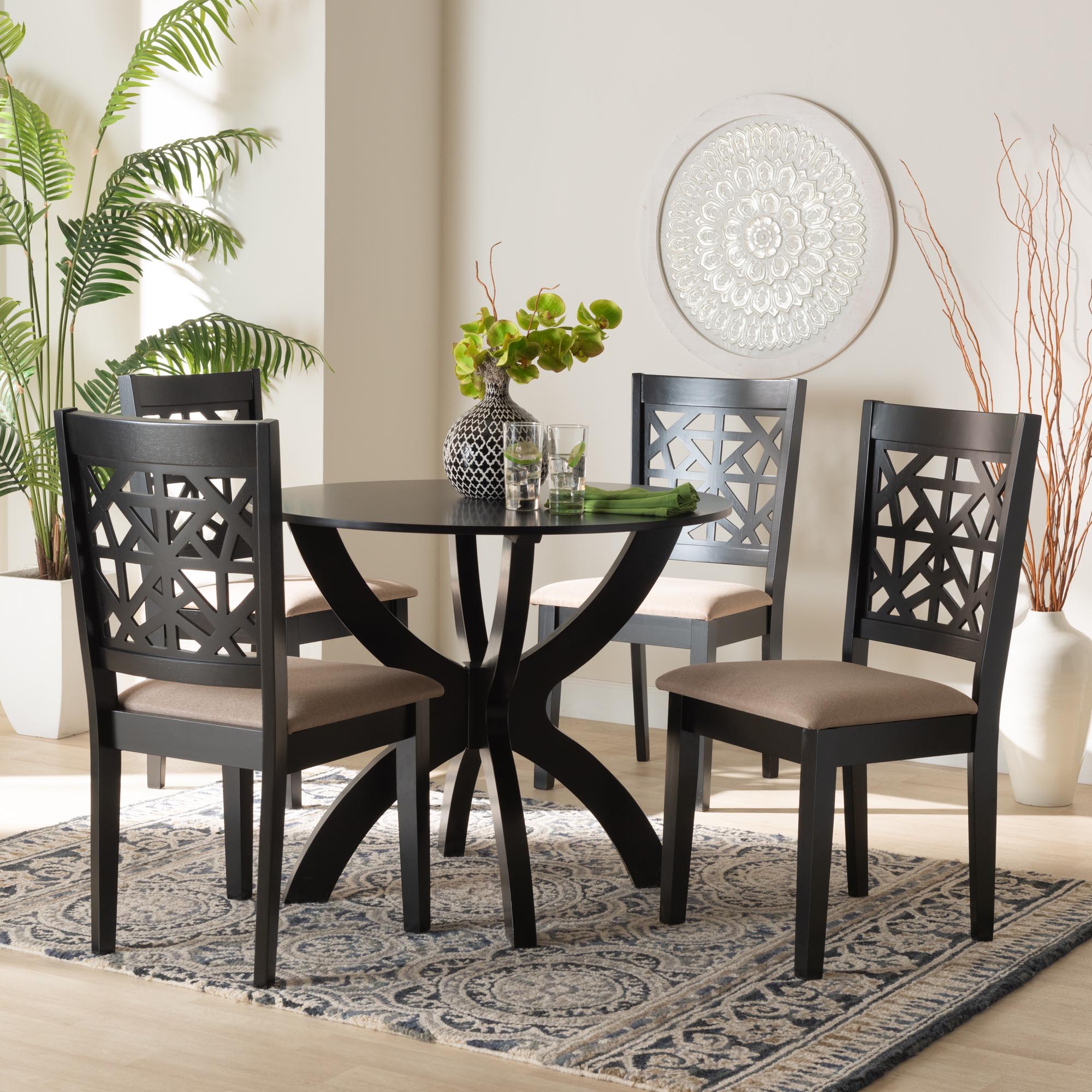 Lena Modern Beige Fabric and Dark Brown Finished Wood 5-Piece Dining Set