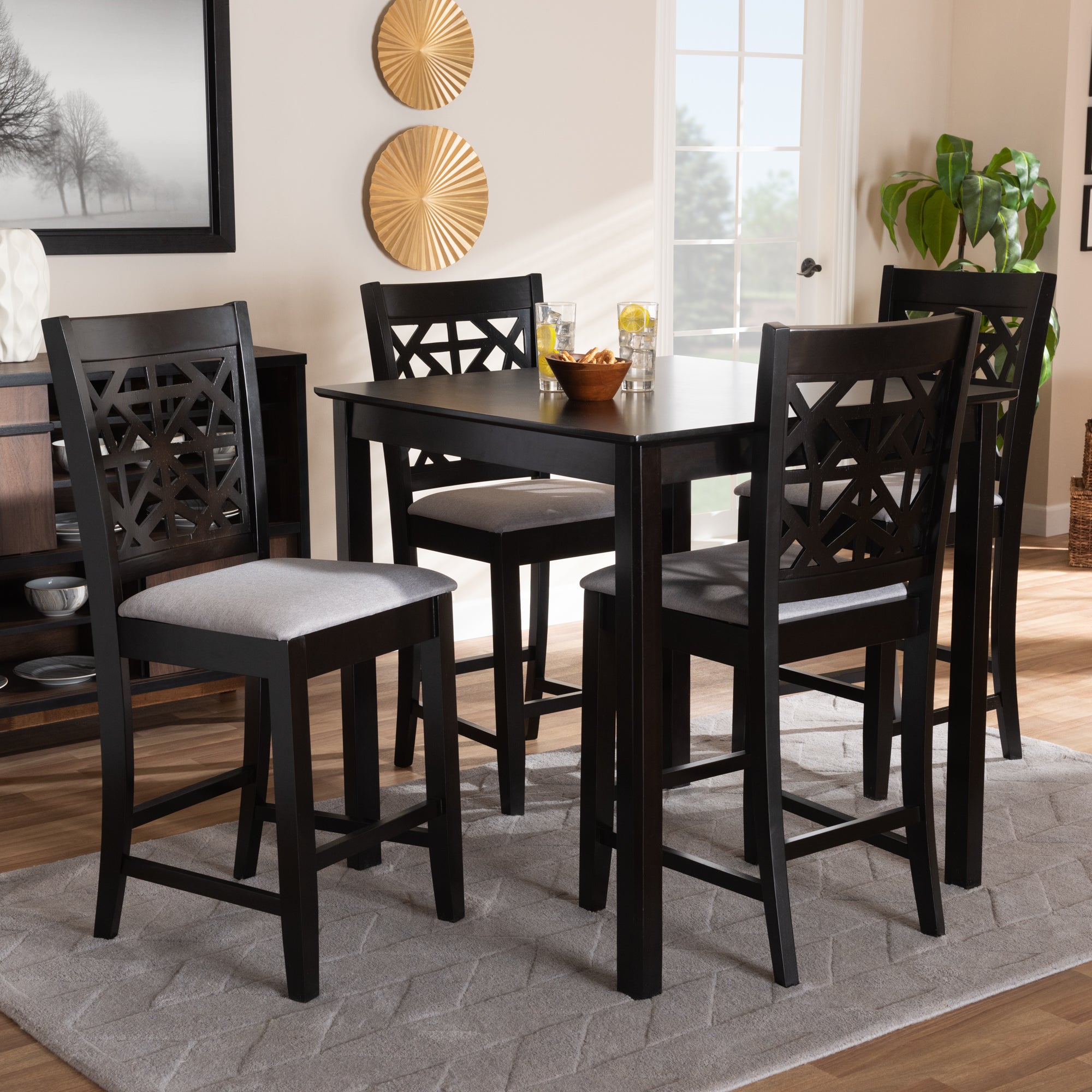 Devon Modern and Contemporary Grey Fabric Upholstered and Espresso Brown Finished Wood 5-Piece Pub Dining Set