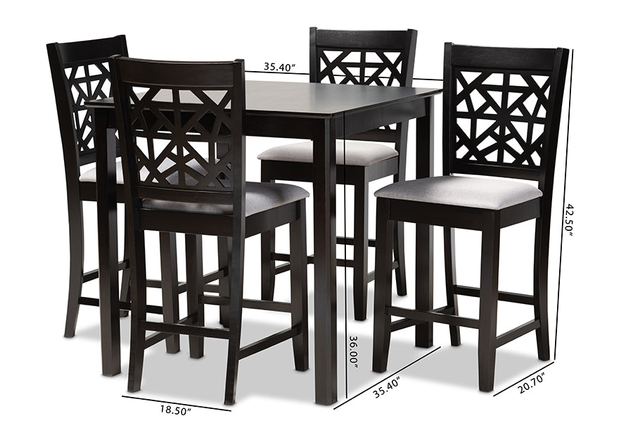 Devon Modern and Contemporary Grey Fabric Upholstered and Espresso Brown Finished Wood 5-Piece Pub Dining Set