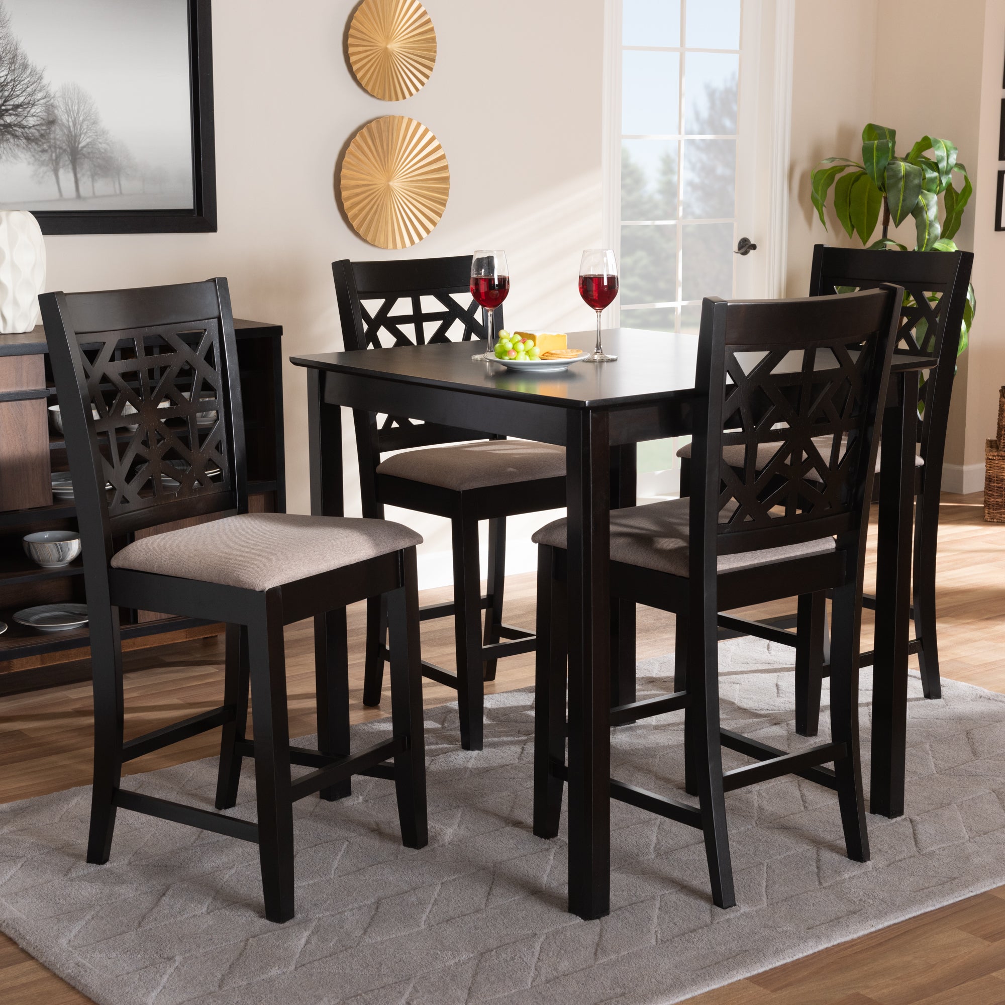 Devon Modern and Contemporary Sand Fabric Upholstered and Espresso Brown Finished Wood 5-Piece Pub Dining Set
