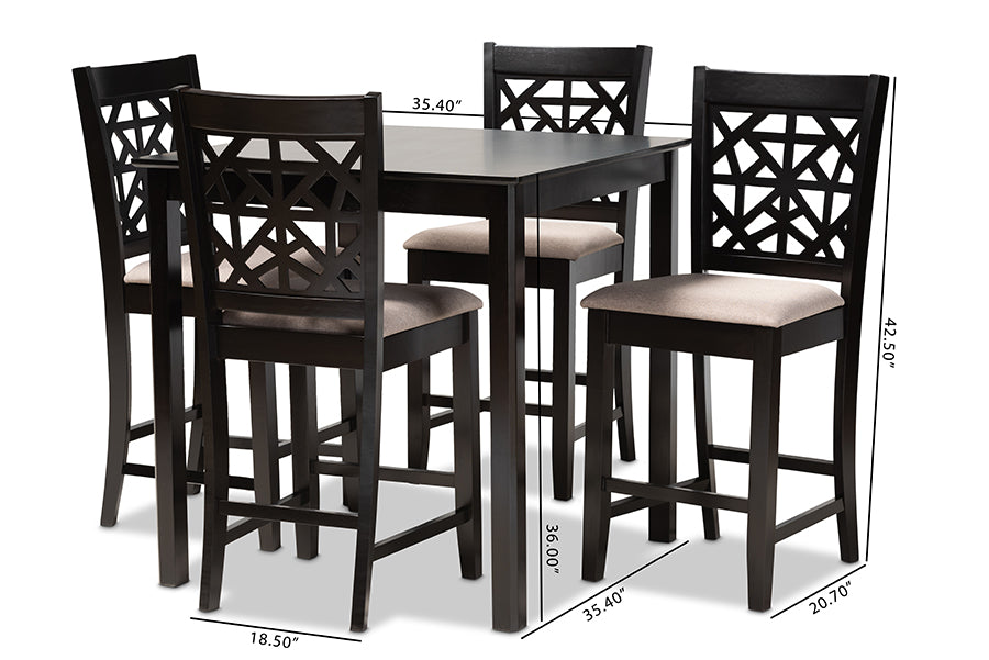 Devon Modern and Contemporary Sand Fabric Upholstered and Espresso Brown Finished Wood 5-Piece Pub Dining Set