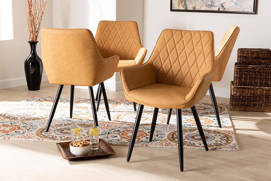 Astrid Mid-Century Contemporary Tan Faux Leather Upholstered and Black Metal 4-Piece Dining Chair Set
