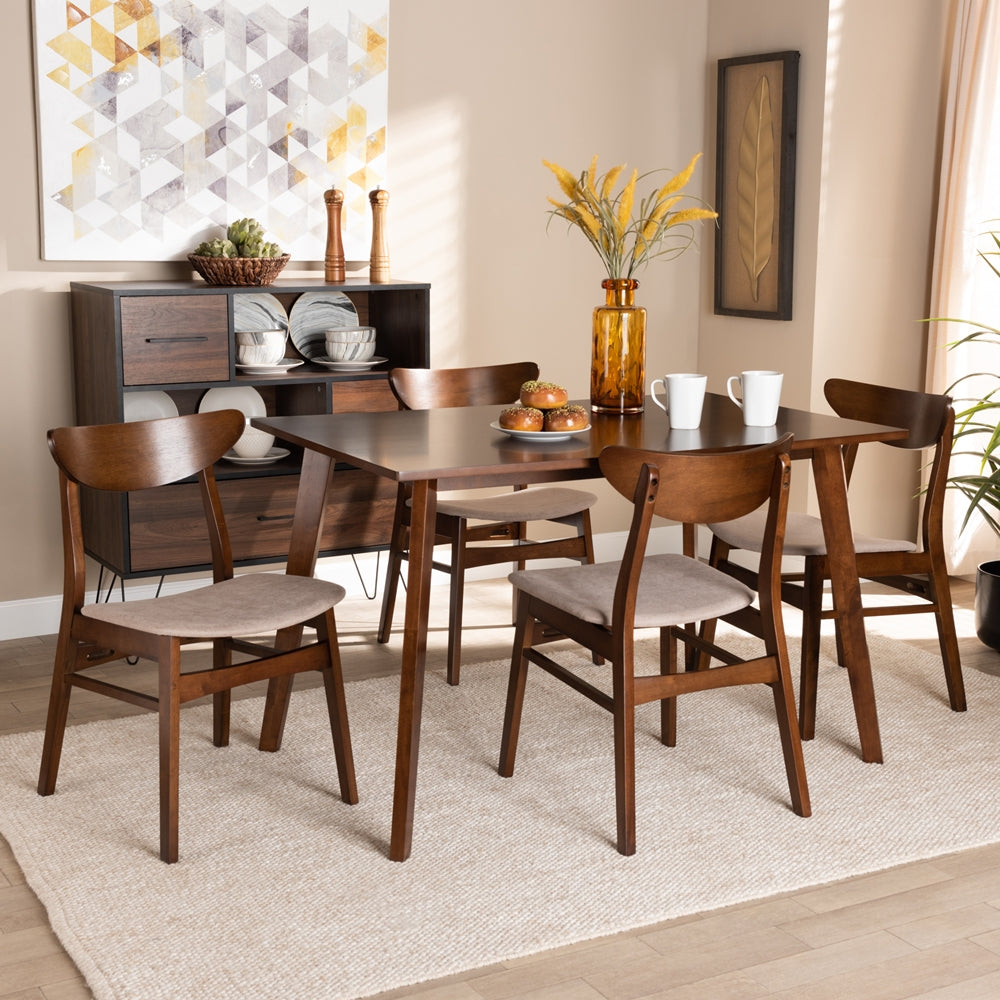 Orion Mid-Century Modern Transitional Light Beige Fabric Upholstered and Walnut Brown Finished Wood 5-Piece Dining Set