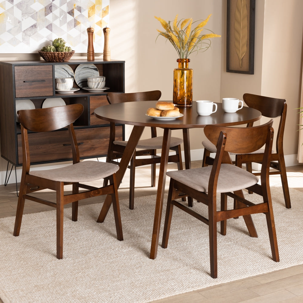 Philip Mid-Century Modern Transitional Light Beige Fabric Upholstered and Walnut Brown Finished Wood 5-Piece Dining Set