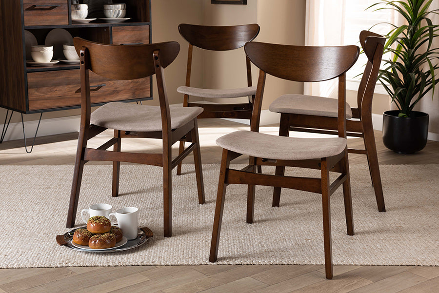 Parlin Mid-Century Modern Transitional Light Beige Fabric Upholstered and Walnut Brown Finished Wood 4-Piece Dining Chair Set