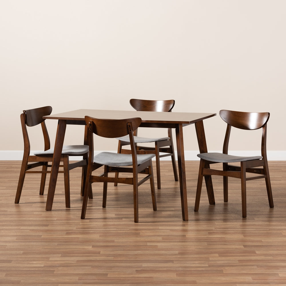 Orion Mid-Century Modern Transitional Light Grey Fabric Upholstered and Walnut Brown Finished Wood 5-Piece Dining Set