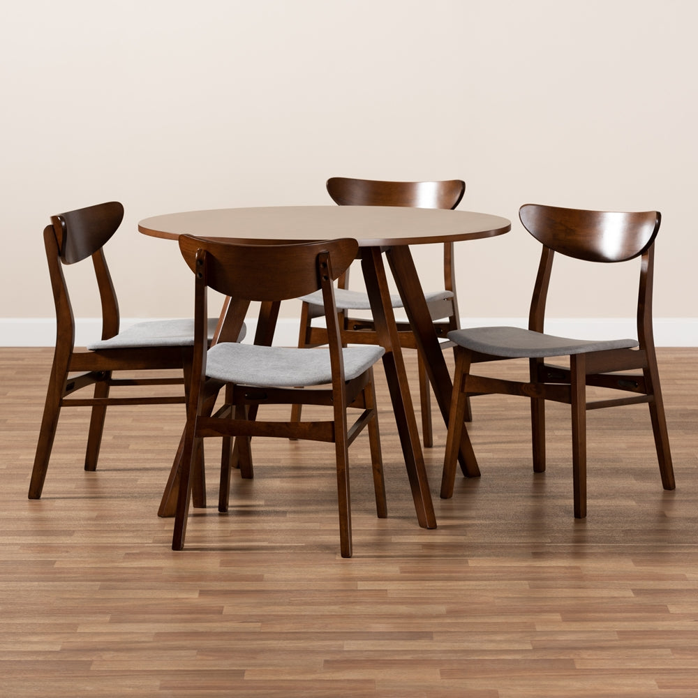 Philip Mid-Century Modern Transitional Light Grey Fabric Upholstered and Walnut Brown Finished Wood 5-Piece Dining Set