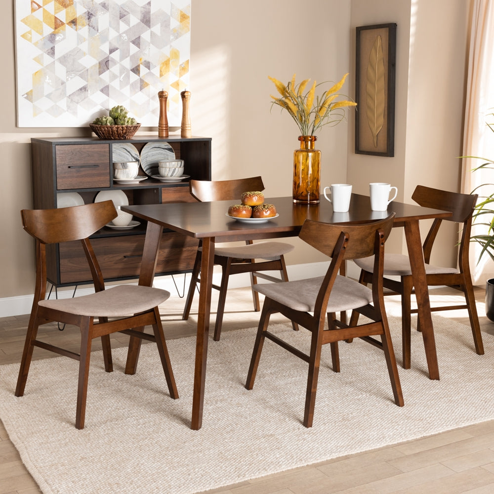 Lois Mid-Century Modern Transitional Light Beige Fabric Upholstered and Walnut Brown Finished Wood 5-Piece Dining Set