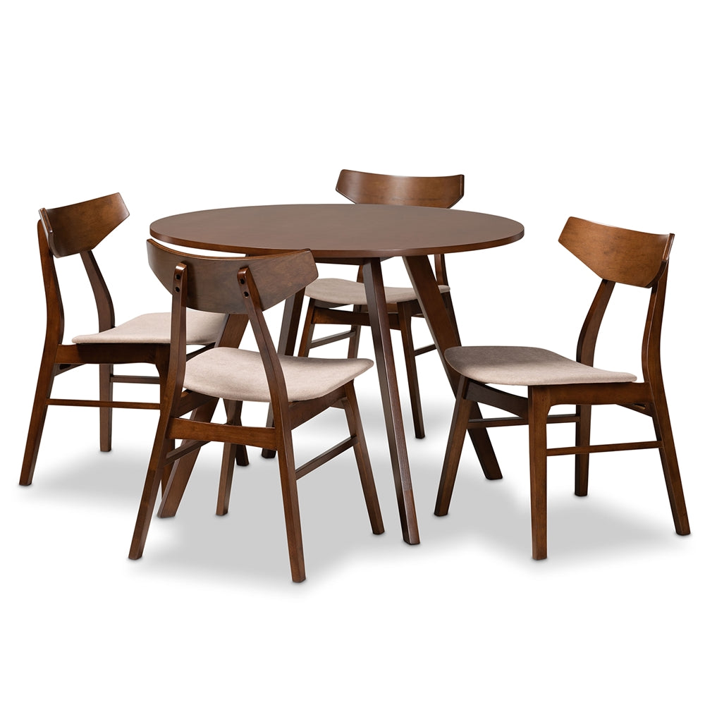 Timothy Mid-Century Modern Transitional Light Beige Fabric Upholstered and Walnut Brown Finished Wood 5-Piece Dining Set