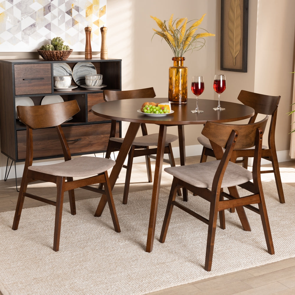 Timothy Mid-Century Modern Transitional Light Beige Fabric Upholstered and Walnut Brown Finished Wood 5-Piece Dining Set