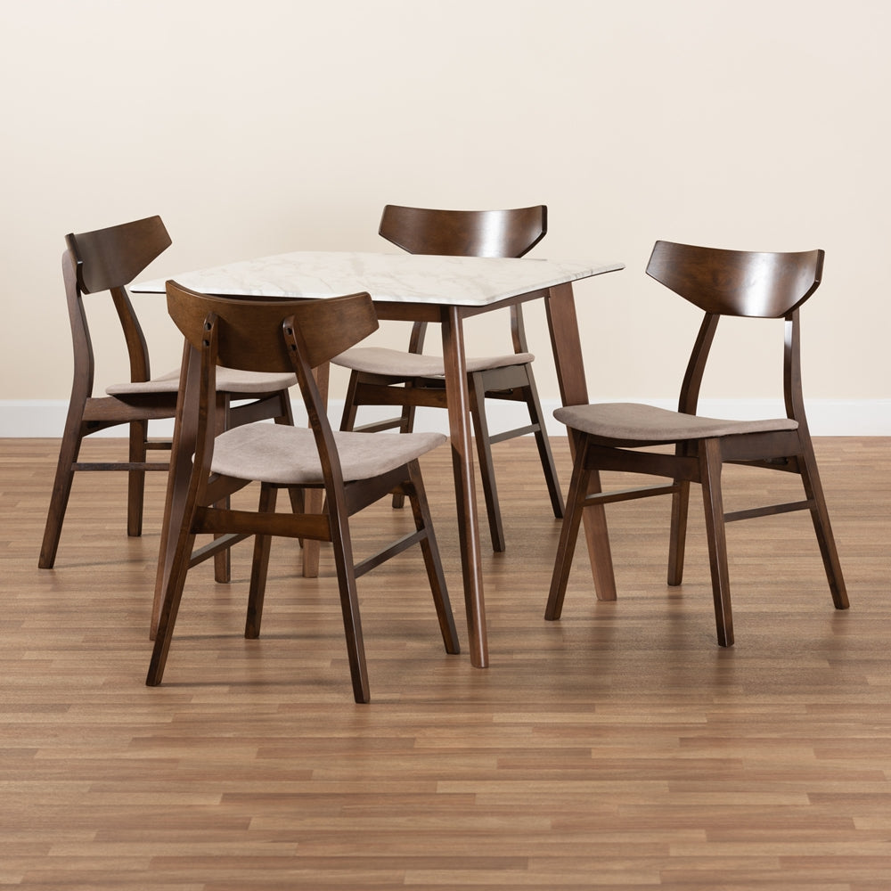 Pearson Mid-Century Modern Transitional Light Beige Fabric Upholstered and Walnut Brown Finished Wood 5-Piece Dining Set with Faux Marble Table
