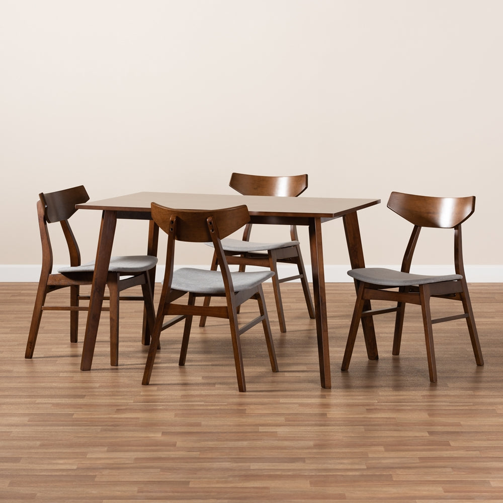 Lois Mid-Century Modern Transitional Light Grey Fabric Upholstered and Walnut Brown Finished Wood 5-Piece Dining Set