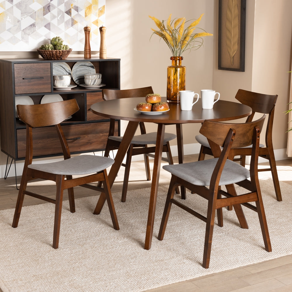 Timothy Mid-Century Modern Transitional Light Grey Fabric Upholstered and Walnut Brown Finished Wood 5-Piece Dining Set