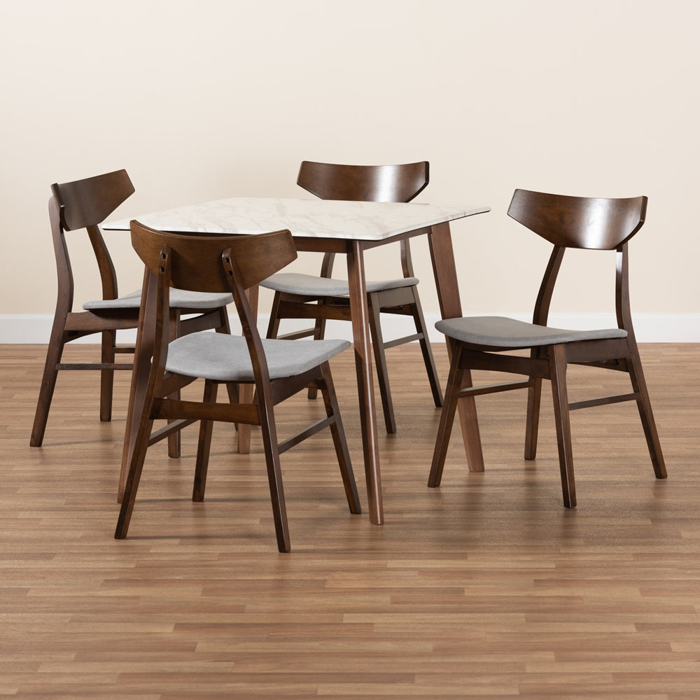 Pearson Mid-Century Modern Transitional Light Grey Fabric Upholstered and Walnut Brown Finished Wood 5-Piece Dining Set with Faux Marble Table