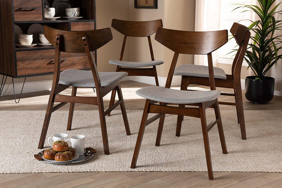 Danica Mid-Century Modern Transitional Light Grey Fabric Upholstered and Walnut Brown Finished Wood 4-Piece Dining Chair Set