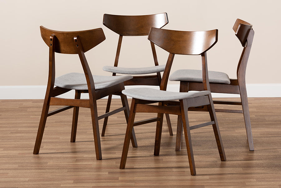 Danica Mid-Century Modern Transitional Light Grey Fabric Upholstered and Walnut Brown Finished Wood 4-Piece Dining Chair Set