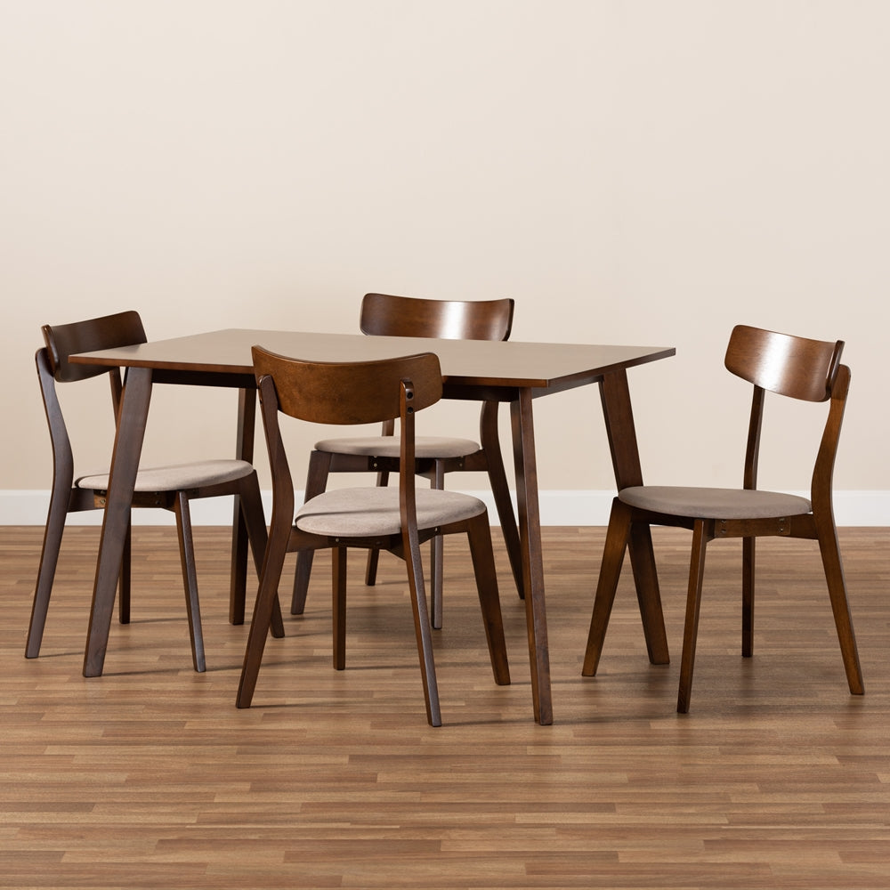 Nori Mid-Century Modern Transitional Light Beige Fabric Upholstered and Walnut Brown Finished Wood 5-Piece Dining Set