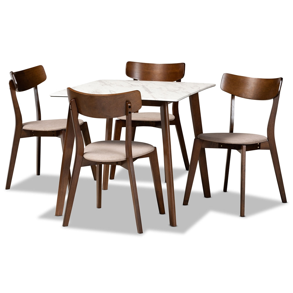 Reba Mid-Century Modern Light Beige Fabric Upholstered and Walnut Brown Finished Wood 5-Piece Dining Set with Faux Marble Dining Table