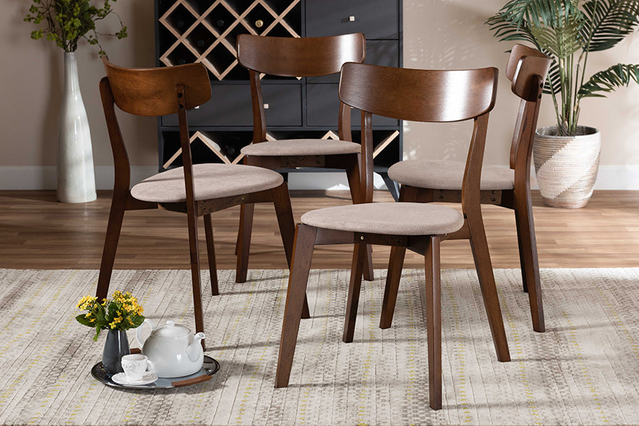 Iora Mid-Century Modern Transitional Light Beige Fabric Upholstered and Walnut Brown Finished Wood 4-Piece Dining Chair Set