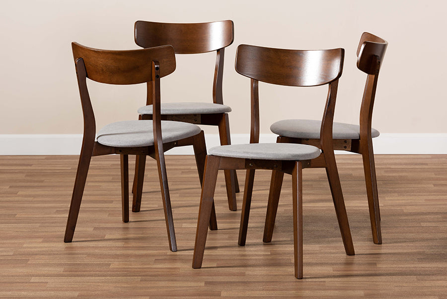 Iora Mid-Century Modern Transitional Light Grey Fabric Upholstered and Walnut Brown Finished Wood 4-Piece Dining Chair Set
