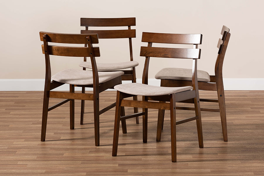 Devlin Mid-Century Modern Transitional Light Beige Fabric Upholstered and Walnut Brown Finished Wood 4-Piece Dining Chair Set